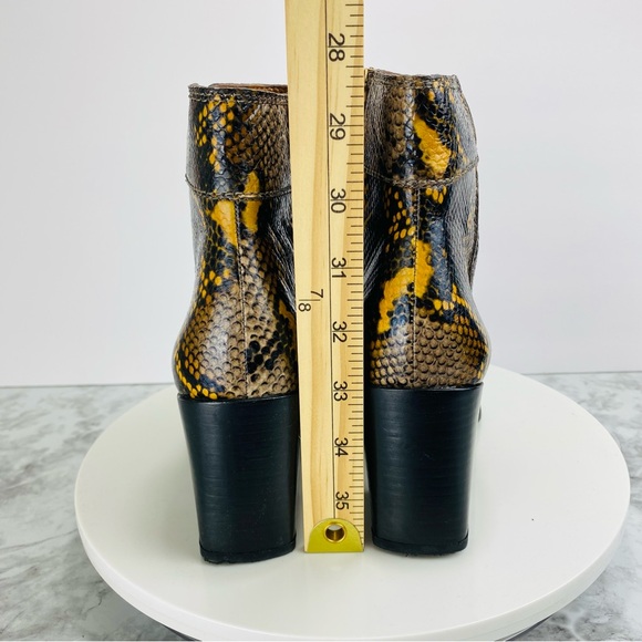 Franco Sarto Leather Ankle Boots 6.5 Lizzard Brown Yellow Zip Block Heel Square - Picture 6 of 7